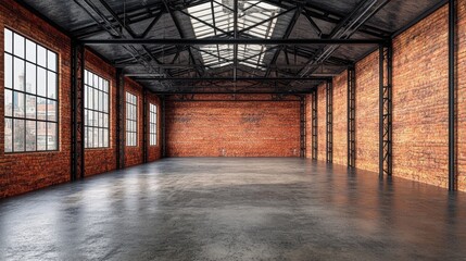 Industrial loft style empty old warehouse interior,brick wall,concrete floor and black steel roof structure