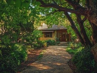 Charming wooden cottage surrounded by lush greenery in a tranquil forest during a sunny day. Generative AI