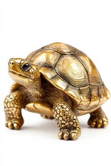 Obraz premium Small golden turtle figurine symbolizing perseverance, isolated on white