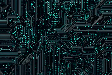 Abstract close-up of a glowing blue digital circuit board, showcasing intricate connections and technological design on a black background.
