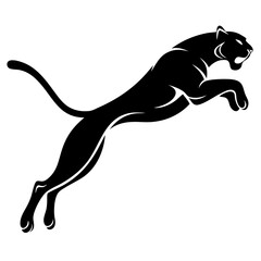 Dynamic black silhouette of a cheetah in a high-speed attack pose on a white background. Perfect for designs emphasizing agility, power, and motion