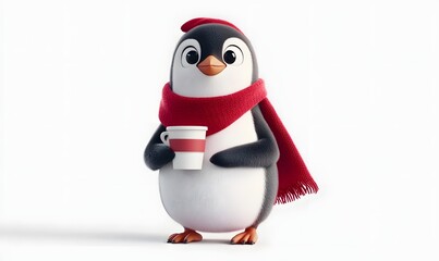 Fototapeta premium Cute cartoon penguin wearing a red scarf holding a hot beverage cup.