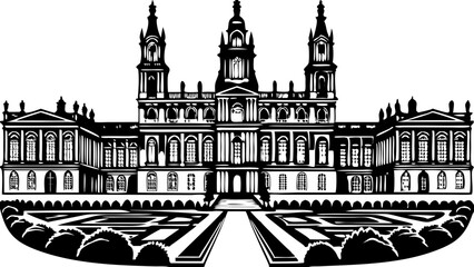 An elegant illustration of an 18th-century royal palace, showcasing grand architecture and intricate details of the king's residence.