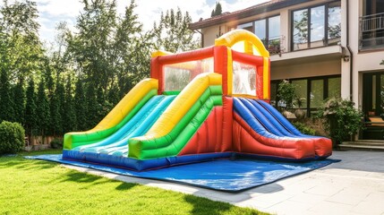Inflatable bounce house water slide in the backyard, Colorful bouncy castle slide for children playground