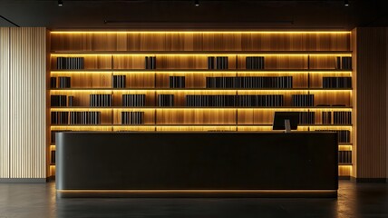 Modern reception area with illuminated shelving, creating an inviting atmosphere for guests and visitors. Warm professional counter tone.