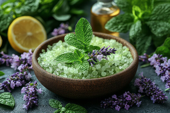 Clean, modern spa scene with small bowls of lemon balm, lavender salts, and essential oil vials,
