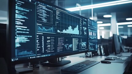Fototapeta premium Data analytics displayed on multiple monitors in a modern office setting.