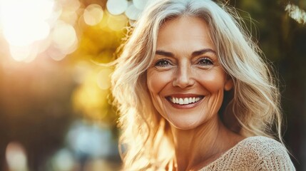 Obraz premium A joyful elderly woman with a prominent dimpled smile, radiating warmth and positivity, captured in natural sunlight, showcasing the beauty of aging gracefully.