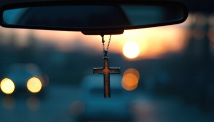 Faith on the Road, A car cross hangs before a vibrant sunset, with blurred lights and reflections in the rearview mirror, a journey of devotion and hope,