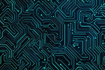 Abstract close-up of a glowing blue digital circuit board, showcasing intricate connections and technological design on a black background.
