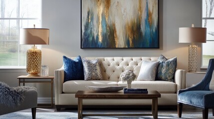 Elegant and cozy living room with a sleek sofa, modern furniture, and decor like a statement lamp and abstract art for a stylish touch
