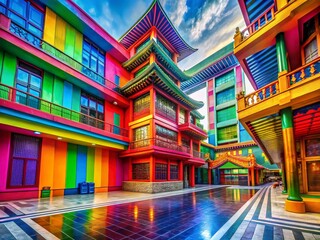 Obraz premium Abstract Chromatic Architectural Symphony: Colorful Shapes Dance in a Spectrum Wonderland