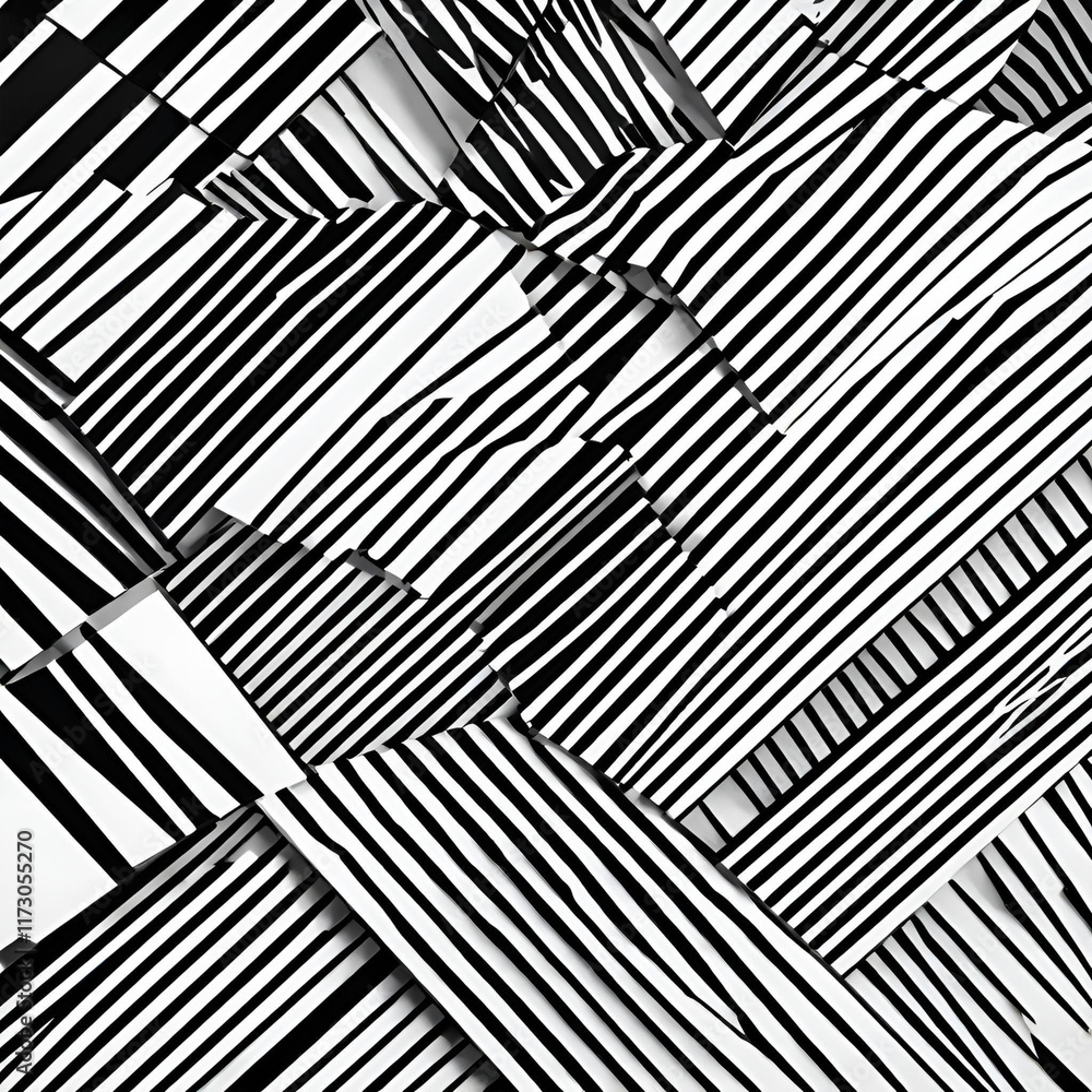 Poster an intricate abstract design featuring overlapping black and white stripes, creating a visually stri
