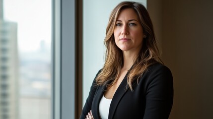 A professional woman with a focused look, standing near a window with soft natural lighting streaming in, reflecting determination