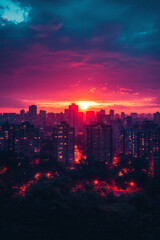 Fototapeta premium Minimalistic cityscape silhouette against a dramatic sunset sky, focusing on bold outlines of skyscrapers,