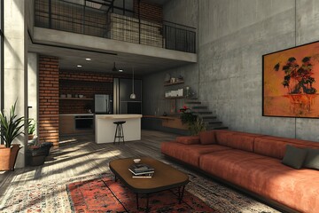Modern living room with an open kitchen and industrial design elements.