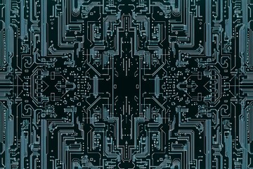 Abstract close-up of a glowing blue digital circuit board, showcasing intricate connections and technological design on a black background.
