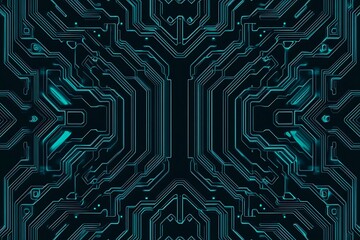 Abstract close-up of a glowing blue digital circuit board, showcasing intricate connections and technological design on a black background.
