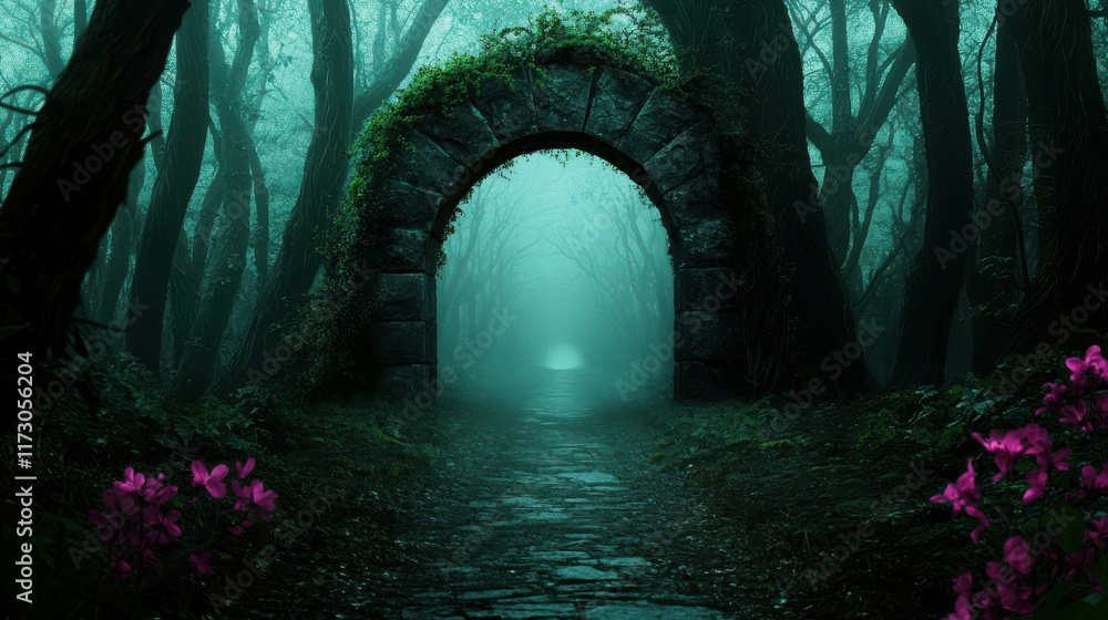 Poster serene ancient forest with whispering trees and mystical pathway to secrets