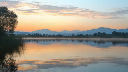 Fototapeta premium Serene Dawn by the Lakeside with Still Water and Soft Reflections