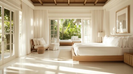 Fototapeta premium A spacious white bedroom with light wood accents, a comfortable king-size bed, and soft natural light filtering through large windows, exuding elegance and tranquility.