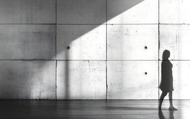 Woman's silhouette walking against a sunlit concrete wall.