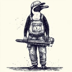 Fototapeta premium A penguin dressed in overalls and a cap, holding a chainsaw, blending humor with industry.
