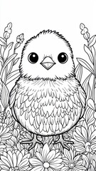 Adorable Chick Coloring Page Cute Baby Bird in Flowers Line Art Illustration