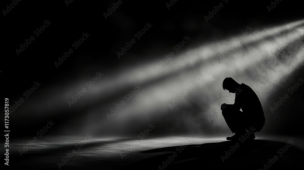 Poster solitary figure crouches in shadows illuminated by soft light rays
