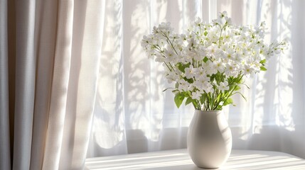 Interior details. Stylish ivory Scandinavian minimalistic interior with white flowers in vase on table near window with curtains