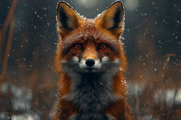 Fototapeta premium Over-the-shoulder view of a fox glancing back in a snowy forest, capturing keen alertness in its eyes,