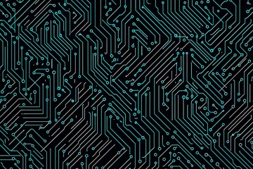 Abstract close-up of a glowing blue digital circuit board, showcasing intricate connections and technological design on a black background.
