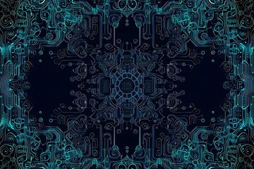 Abstract close-up of a glowing blue digital circuit board, showcasing intricate connections and technological design on a black background.
