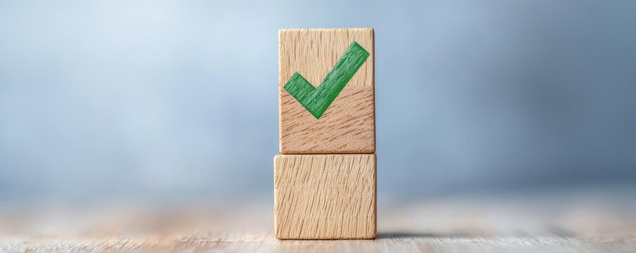A wooden block with a green checkmark stands atop another block, symbolizing approval or completion against a soft, blurred background.