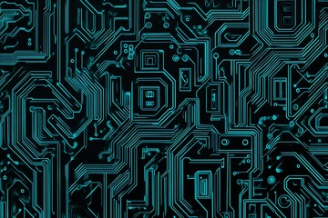Abstract close-up of a glowing blue digital circuit board, showcasing intricate connections and technological design on a black background.
