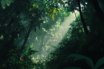 Fototapeta premium Sunbeams Illuminate Lush Green Tropical Rainforest Canopy