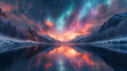 Naklejka premium Magical aurora borealis over snowy mountains reflecting in a calm lake at sunset.