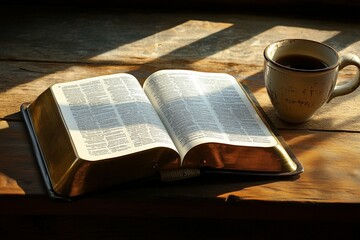 An open Bible on the table with a coffee mug, morning light, and a window in the background