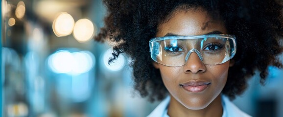 Confident scientist woman in protective eyewear.
