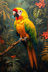 Fototapeta premium Bright macaw perched on a branch, turning its head to survey a jungle canopy brimming with life,