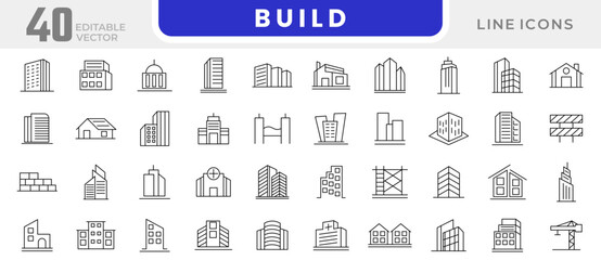 Build line icon set. containing house, office, bank, school, hotel, city, villa, hospital, shop, casino, real estate, church, sports stadium, medical hospital line icon set. Ui thin line icon pack.