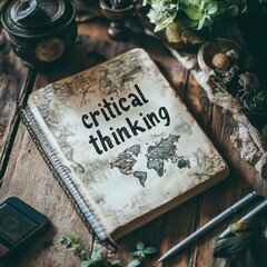Critical Thinking Notebook Flat Lay Rustic Wooden Table Educational Content Cozy Atmosphere Top-Down View Learning Concept