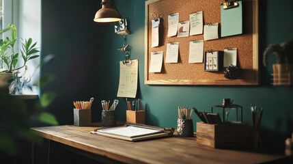 cozy desk with cork board, notes, and planning tools for productivity