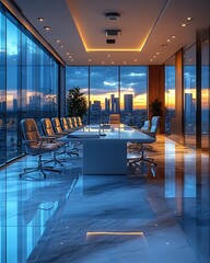 Modern panoramic city view office conference room.