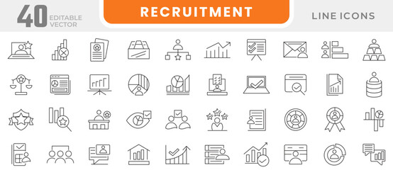Rectuitment line icon set. Application, job, hire, work, appointment, resume, speech, online, television, defense, debate, time, presentation line icon set. UI thin line icon pack.
