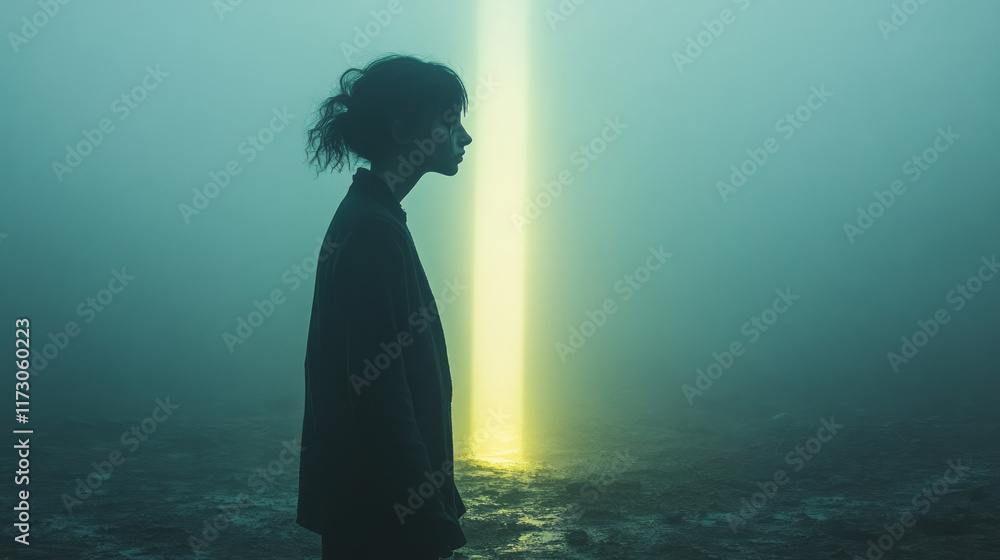 Poster minimalistic shot of a scientist peering into a microscope under a single beam of light, their focus