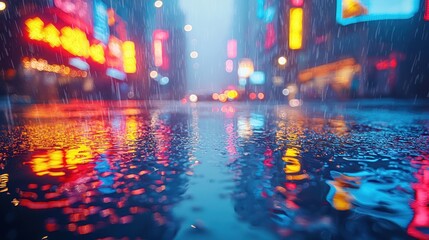 Rain-soaked city streets reflecting colorful lights.