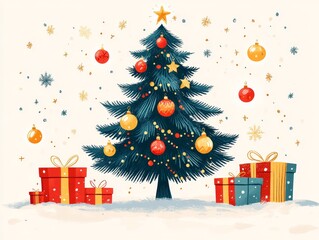 Obraz premium Festive Christmas Tree Illustration With Bright Decorations and Wrapped Gifts