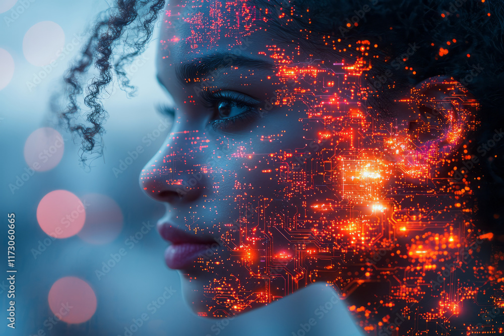 Poster double-exposure of a tech engineerâ€™s profile merged with circuit board patterns glowing in cool ne