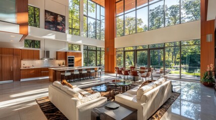Luxurious open living space with a state-of-the-art kitchen, plush seating, and natural light flooding in from floor-to-ceiling windows.